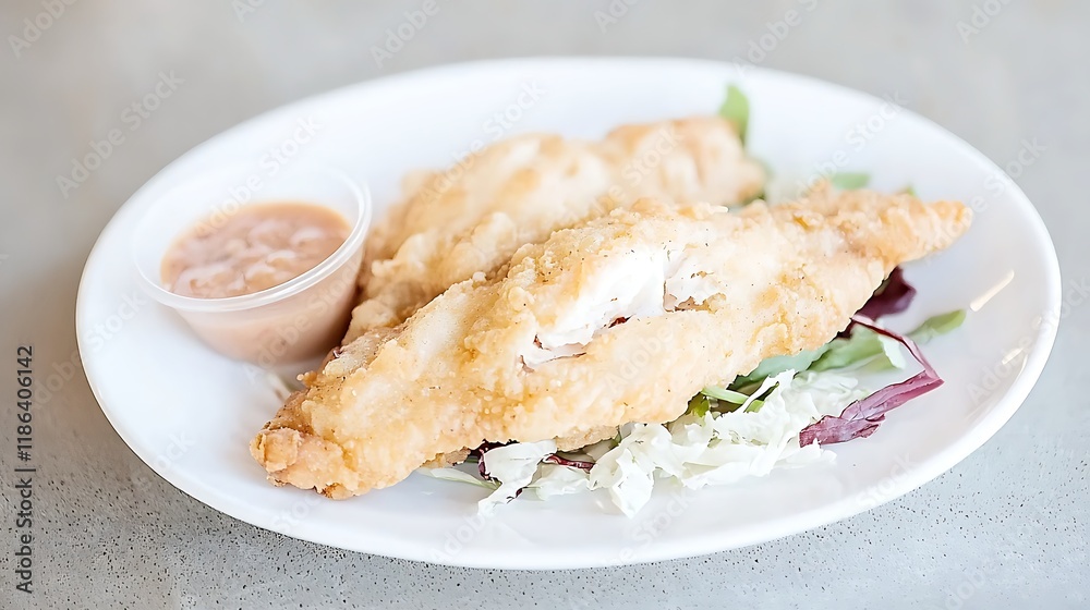 Crispy Fried Fish Fillet with Creamy Sauce and Salad Crispy Fried Fish Fillet with Creamy Sauce and Salad