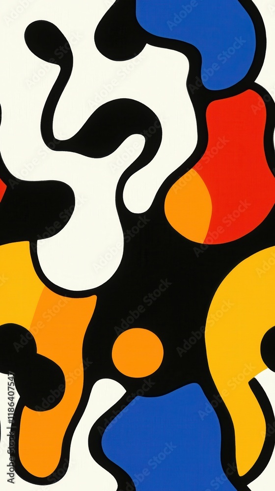 Colorful abstract art with shapes in bold hues of blue, red, yellow, and black, forming a visually engaging composition with fluid patterns Colorful abstract art with shapes in bold hues of blue, red, yellow, and black, forming a visually engaging composition with fluid patterns
