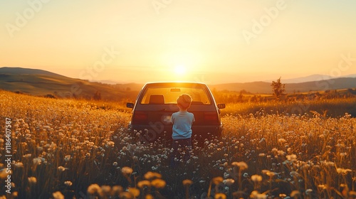 Boy standing in field by car at sunset.
