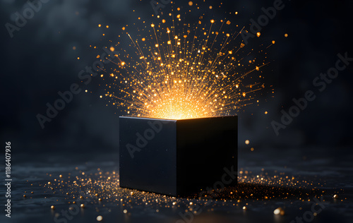 An open black box emitting a burst of glowing golden sparks and light, symbolizing mystery, magic, and surprise, perfect for a Black Friday shopping concept