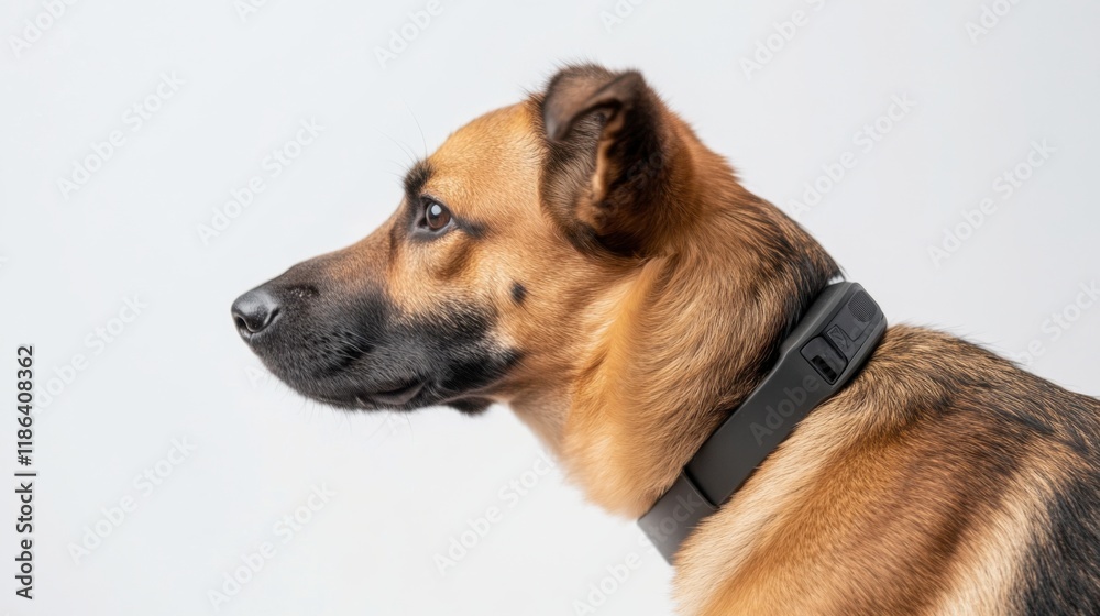 German Shepherd Profile: A young German Shepherd dog, with its distinctive tan and black coat, is shown in profile wearing a black collar. The dog's attentive gaze is directed to the side. German Shepherd Profile: A young German Shepherd dog, with its distinctive tan and black coat, is shown in profile wearing a black collar. The dog's attentive gaze is directed to the side.