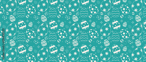 Seamless Easter seasonal spring holiday pattern with white ornate Easter eggs. Easter repeat pattern for decoration and print. Horizontal Easter cute repetition pattern. Egg hunt game.