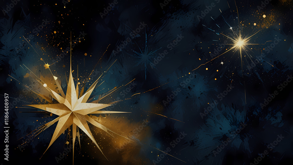 Fototapeta premium A surreal abstract composition featuring geometric star patterns in shades of metallic gold and white, arranged over a textured dark blue backdrop with hints of galactic mist and glittering particles.