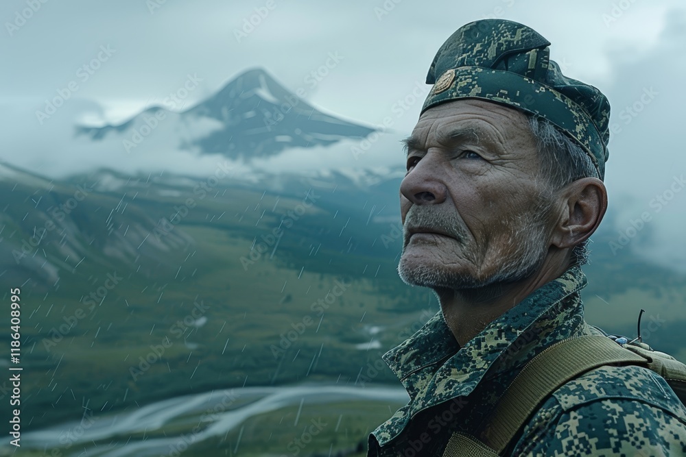 Obraz premium Old military man in uniform standing proudly against a stunning backdrop of majestic mountains
