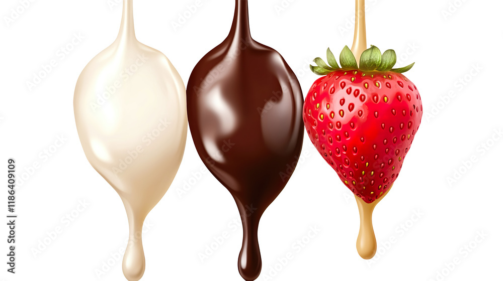 Dripping milk in different flavours, vanilla, chocolate and strawberry, isolated on a transparent background Dripping milk in different flavours, vanilla, chocolate and strawberry, isolated on a transparent background