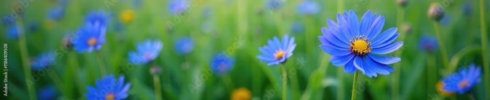 Blue cornflowers with yellow petals against a green stem, plant, cornflower, field Blue cornflowers with yellow petals against a green stem, plant, cornflower, field