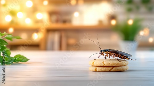 food safety hygiene risk. A cockroach is perched on a cookie, set against a softly lit background, creating a contrast between food and an unwelcome pest. photo