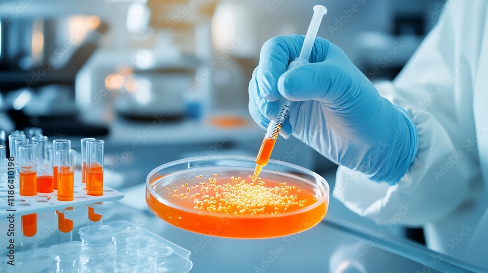 food safety hygiene risk. A scientist in a lab uses a pipette to transfer orange liquid into a petri dish, showcasing laboratory techniques in microbiology or biochemistry. food safety hygiene risk. A scientist in a lab uses a pipette to transfer orange liquid into a petri dish, showcasing laboratory techniques in microbiology or biochemistry.