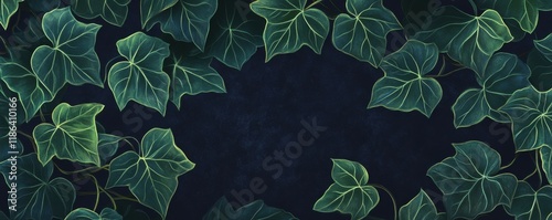 Ivy leaves, green foliage, nature background, lush plant life with intricate leaf patterns on a dark backdrop, creating a serene and vibran