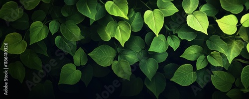 Ivy leaves, green foliage, nature background, lush plant life with intricate leaf patterns on a dark backdrop, creating a serene and vibran
