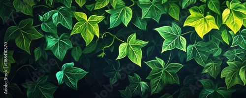 Ivy leaves, green foliage, nature background, lush plant life with intricate leaf patterns on a dark backdrop, creating a serene and vibran