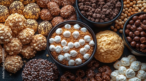 Assorted sweet treats, cookies, candies, and snacks in bowls and piles, overhead view. photo