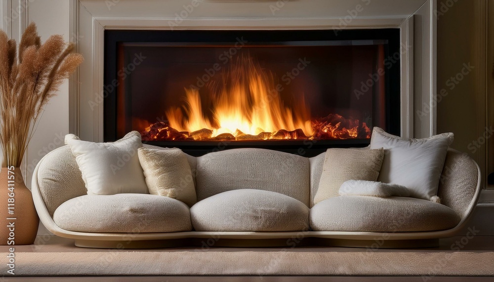 A cozy beige couch with textured cushions, placed in front of a modern fireplace with a fain A cozy beige couch with textured cushions, placed in front of a modern fireplace with a fain