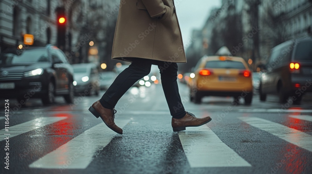 City Streets: A solitary figure in a stylish coat strides confidently across a crosswalk, disappearing into the bustling cityscape. Cars blur in the background. City Streets: A solitary figure in a stylish coat strides confidently across a crosswalk, disappearing into the bustling cityscape. Cars blur in the background.