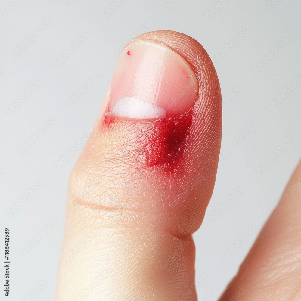 Fototapeta premium health risks symptoms habits.A close-up of a thumb with a fresh cut, showing blood on the skin, indicating injury or trauma.
