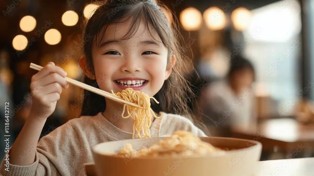 Joyful Noodle Feast: A young girl beams with happiness as she enjoys a delicious bowl of noodles, using chopsticks with ease. Her infectious smile captures the pure joy of a simple meal. Joyful Noodle Feast: A young girl beams with happiness as she enjoys a delicious bowl of noodles, using chopsticks with ease. Her infectious smile captures the pure joy of a simple meal.