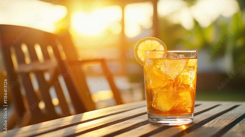A glass of iced sweet tea with lemon slices and ice cubes, showing condensation on the glass. The warm sunset backdrop features a Southern porch with rocking chairs, evoking a cozy atmosphere.