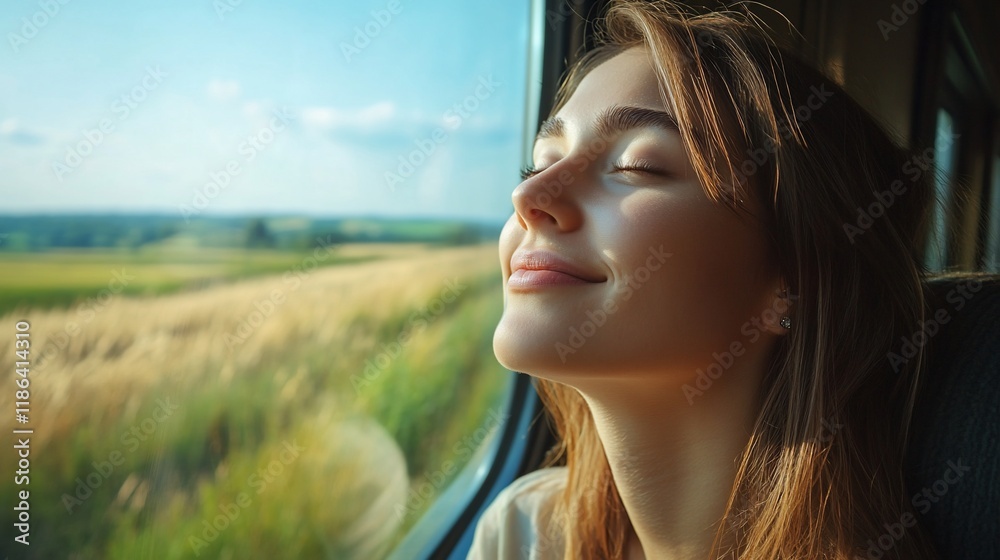 Serene woman enjoys scenic train journey, sunlight on face. Serene woman enjoys scenic train journey, sunlight on face.