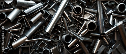 Pile of assorted metal pipes, tubes and industrial steel parts scattered randomly creating textured metallic background. Generative AI