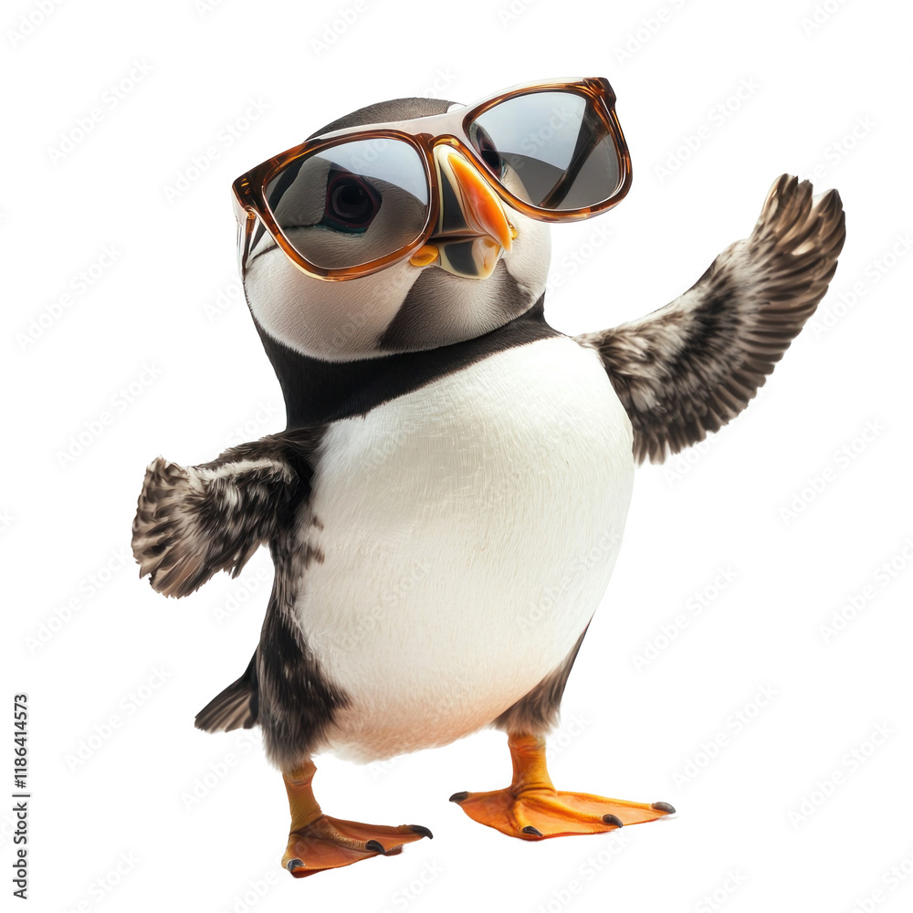 Obraz premium Humorous Puffin Dancing Playfully While Wearing Large Sunglasses, Bringing Joy and Laughter to Every Scene