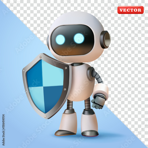 Robot holding shield, 3d vector. Suitable for technology, protection and security