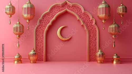 A rose background in muted tones, beautifully complemented by a variety of colorful lanterns and golden crescent moons