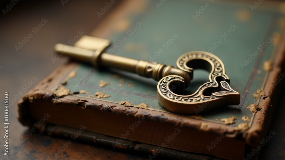 The image is a close-up of an old book with a golden key resting on top of it. The book appears to be old and worn, with a green cover and gold trim.