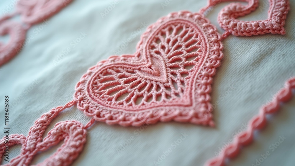 Obraz premium The image is a close-up of a pink crocheted heart on a white fabric. The heart is intricately designed with a lace-like pattern in the center.