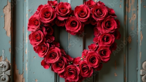 The image is a close-up of a heart-shaped wreath made of red roses. The wreath is hanging on a blue wooden door with peeling paint.
