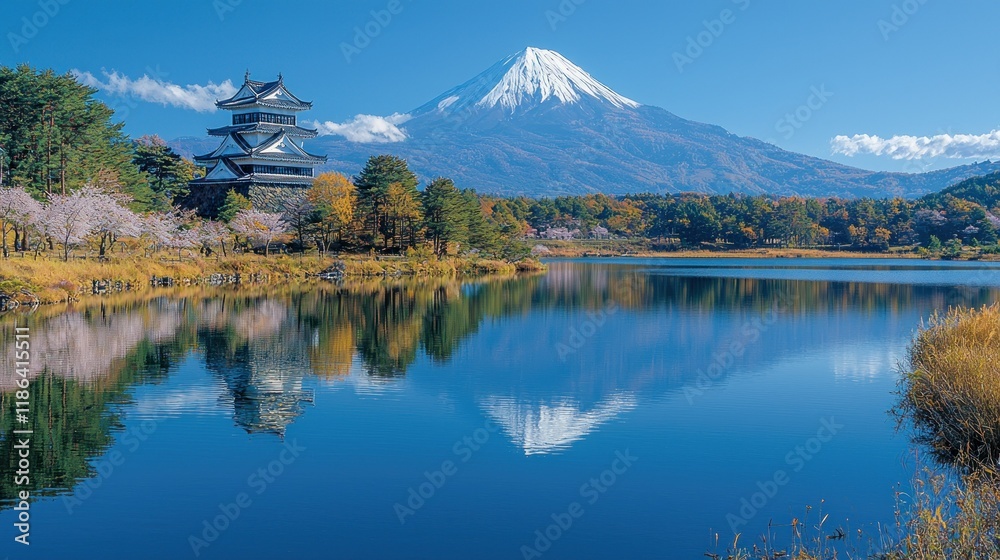Majestic Mount Fuji and the serene reflection of a Japanese castle on a calm lake, showcasing the beauty of autumn colors and cherry blossoms. Majestic Mount Fuji and the serene reflection of a Japanese castle on a calm lake, showcasing the beauty of autumn colors and cherry blossoms.