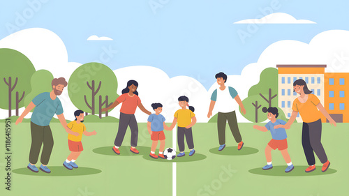 An engaging illustration of a family playing soccer, with parents and children actively enjoying the game on a lush green field, showcasing teamwork and fun. 