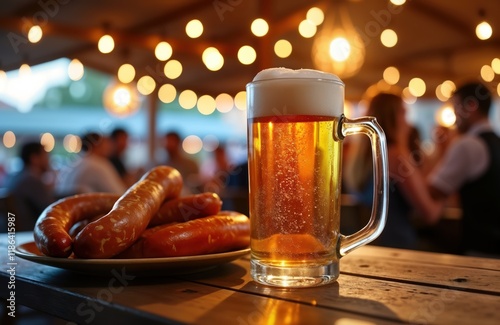 Oktoberfest celebration scene shows group socializing at outdoor pub. Glass of beer, hot dogs on table. Festive atmosphere with warm lighting. Traditional German food, drink. Social gathering. photo