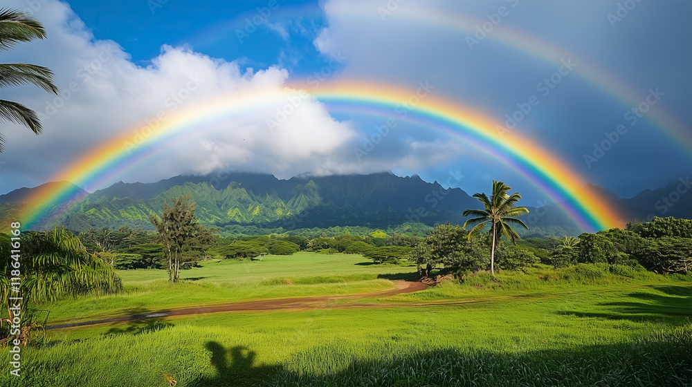 A rainbow is in the sky above a grassy field A rainbow is in the sky above a grassy field