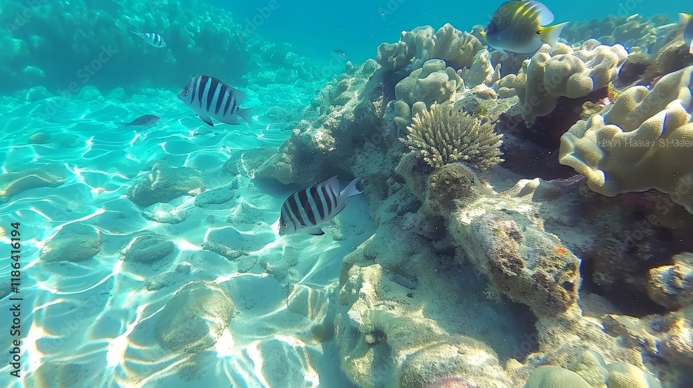 Naklejka premium Vibrant coral reefs filled with colorful fish swimming in pristine, crystal clear waters