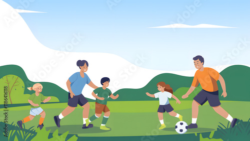 An engaging illustration of a family playing soccer, with parents and children actively enjoying the game on a lush green field, showcasing teamwork and fun. 