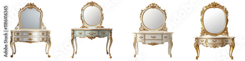 Exquisite collection of ornate vintage Baroque and Rococo style antique furniture pieces featuring golden accents intricate carvings and elegant mirrors photo