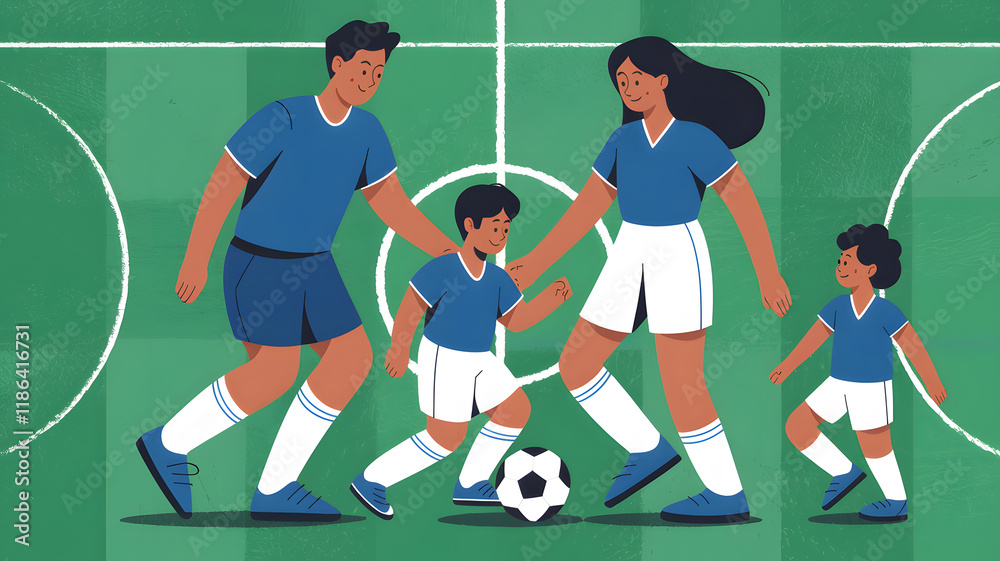 Fototapeta premium An engaging illustration of a family playing soccer, with parents and children actively enjoying the game on a lush green field, showcasing teamwork and fun.