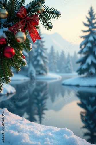 Fir branches adorned with golden red balls and festive ribbon on a frozen lake, red, frosty