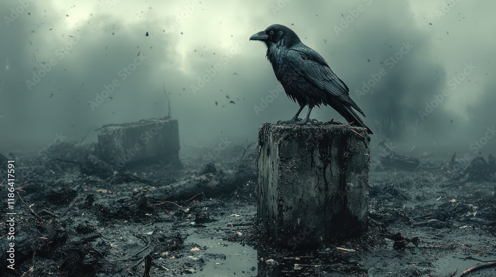 Fototapeta premium A solitary raven stands amidst a desolate landscape.