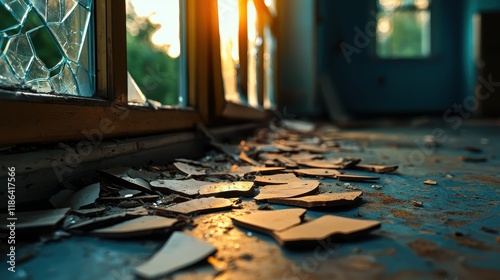 Broken glass and scattered shards on the floor, illuminated by warm sunlight streaming through a window.
