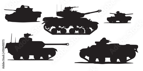 Silhouettes of Military Tanks in Various Positions. The collection of black silhouette tank designs is suitable for military, history, or war-themed projects.
