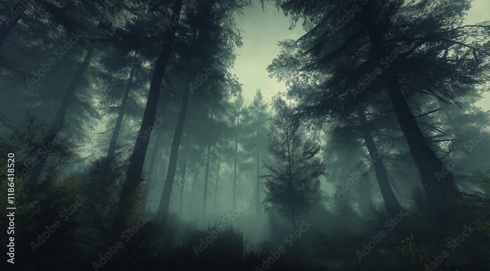 Obraz premium Enchanting view of a dense forest with towering trees and vibrant green foliage, veiled in soft mist, evoking a serene and ethereal natural ambiance perfect for a tranquil escape