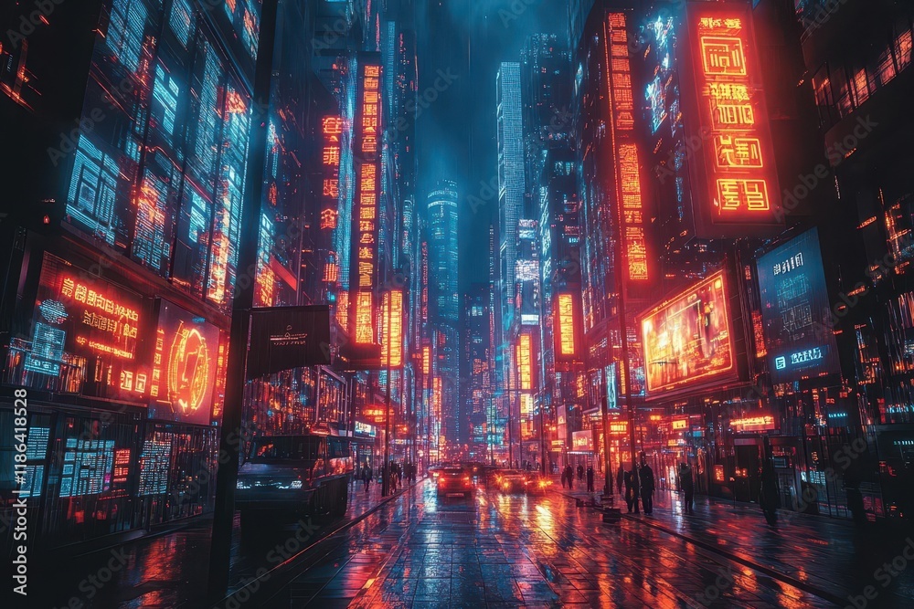 Fototapeta premium futuristic neon-lit metropolis at night with flying vehicles and holographic advertisements illuminating towering skyscrapers in cyberpunk style
