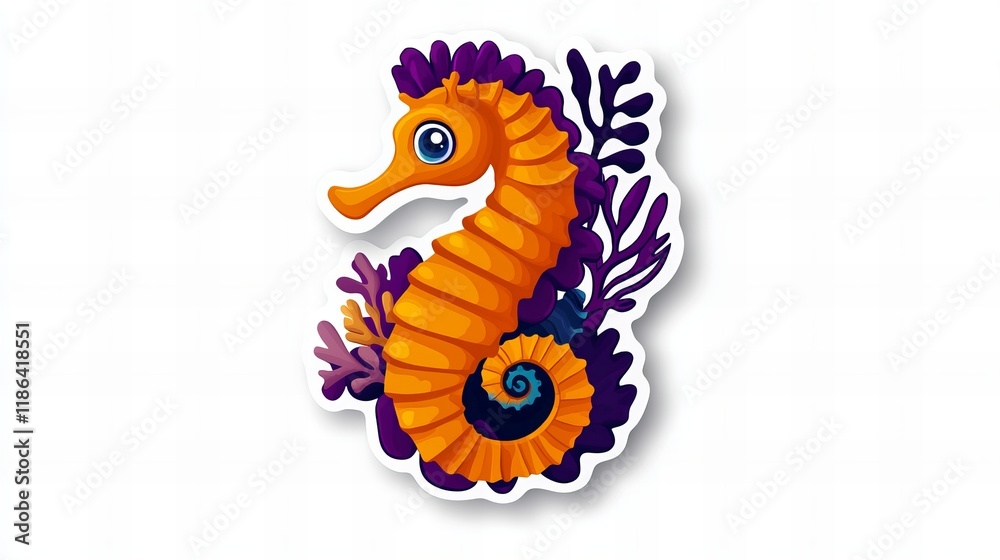 Fototapeta premium Adorable orange seahorse amidst vibrant purple coral. Perfect for kids' designs!