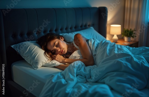 Young woman sleeps peacefully in bedroom at night. Rests comfortably in bed covered with light blue blanket. Calm, relaxing night scene. Bedroom interior dark, cozy. Woman in relaxed, rested state.