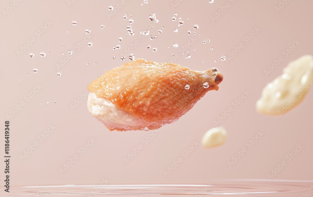 A roasted chicken breast hovering mid-flight with creamy garlic sauce droplets suspended nearby on a pastel background A roasted chicken breast hovering mid-flight with creamy garlic sauce droplets suspended nearby on a pastel background