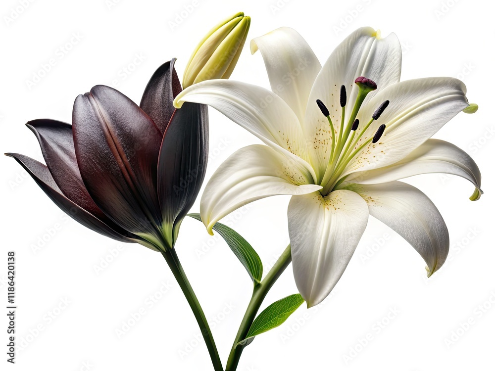 Fototapeta premium Dark floral tattoo: urban explorer Lily, black blooms.