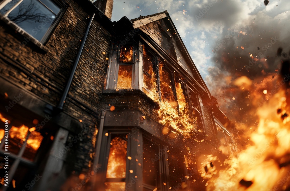 Obraz premium Dramatic Scene of a House on Fire with Orange Flames and Smoke Against a Darkening Sky