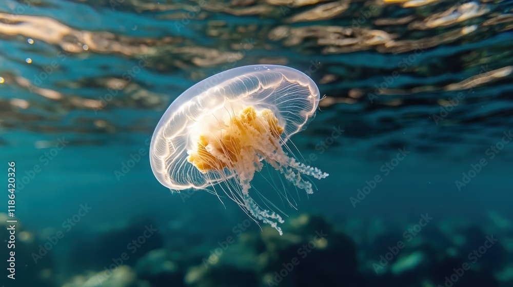 Fototapeta premium A jellyfish gracefully drifts in crystal-clear blue waters, illuminated by soft sunlight, encapsulating the tranquil beauty of the underwater world.