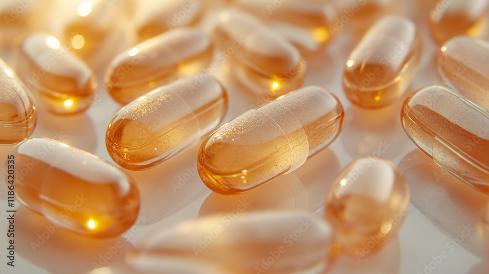 Macro shot of translucent capsules with a glossy surface arranged on a reflective background. Macro shot of translucent capsules with a glossy surface arranged on a reflective background.
